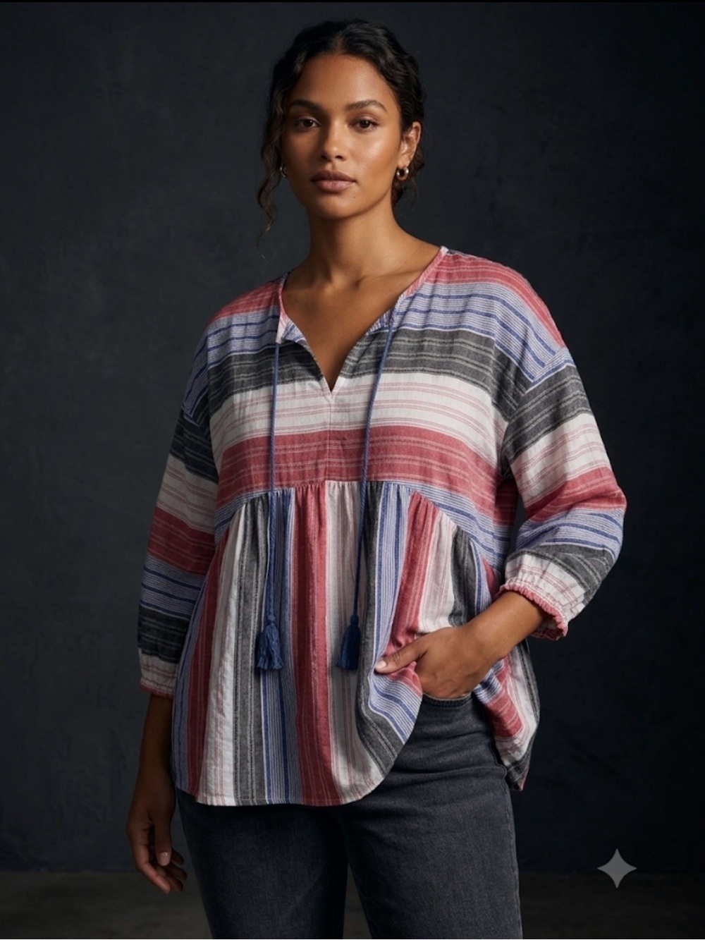 Crescent Striped Peasant Tunic in Red, Blue & Gray